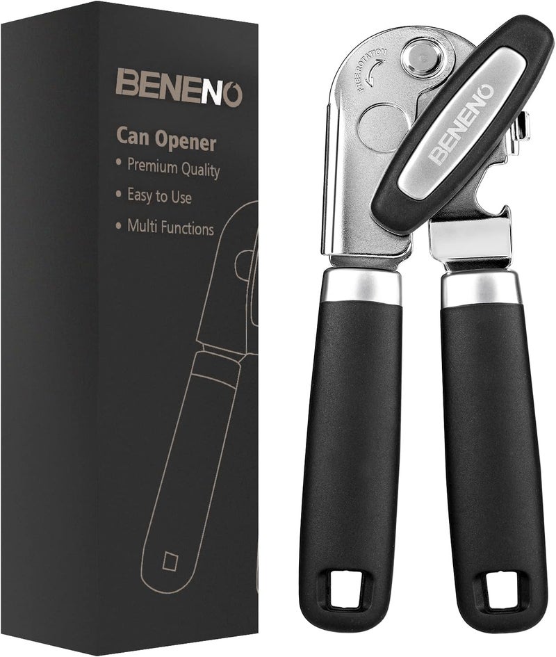 Beneno Heavy Duty Hand Can Opener Manual with Magnet, Durable Sharp Carbon Steel Blade Smooth Cutting, Big Effort-Saving Knob & Soft Grip Handle, Multifunctional Kitchen Tool with Bottle Opener, Black - Image 1